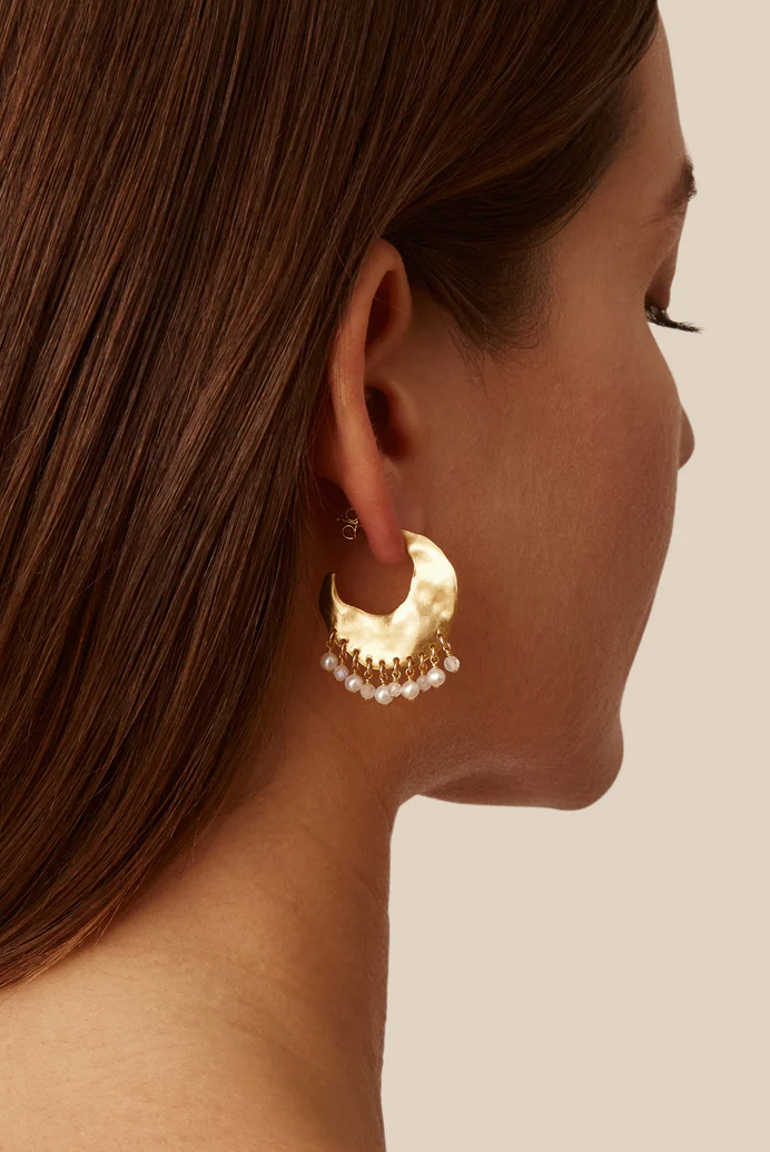 Gold and Pearl Crescent Wave Earrings