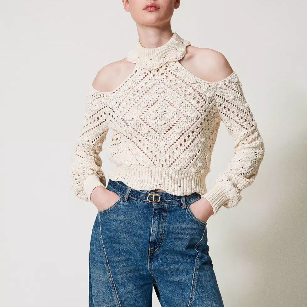 Openwork Cropped Turtleneck Jumper