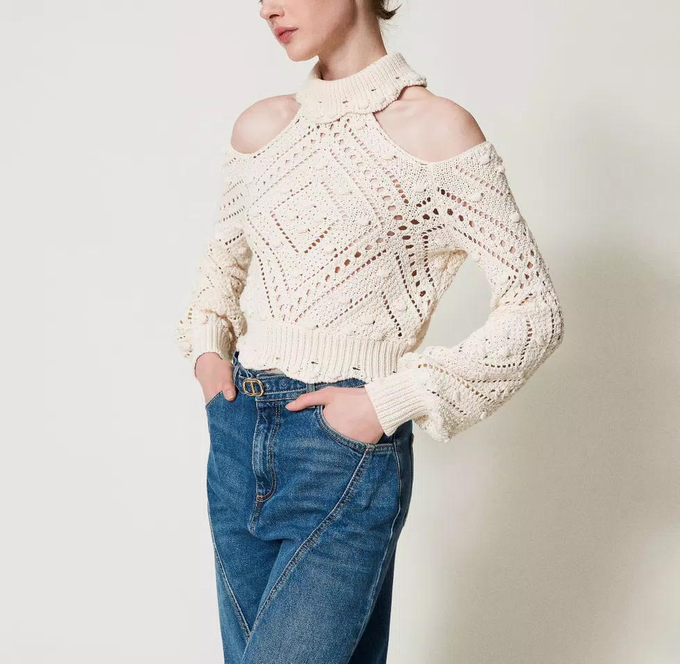 Openwork Cropped Turtleneck Jumper