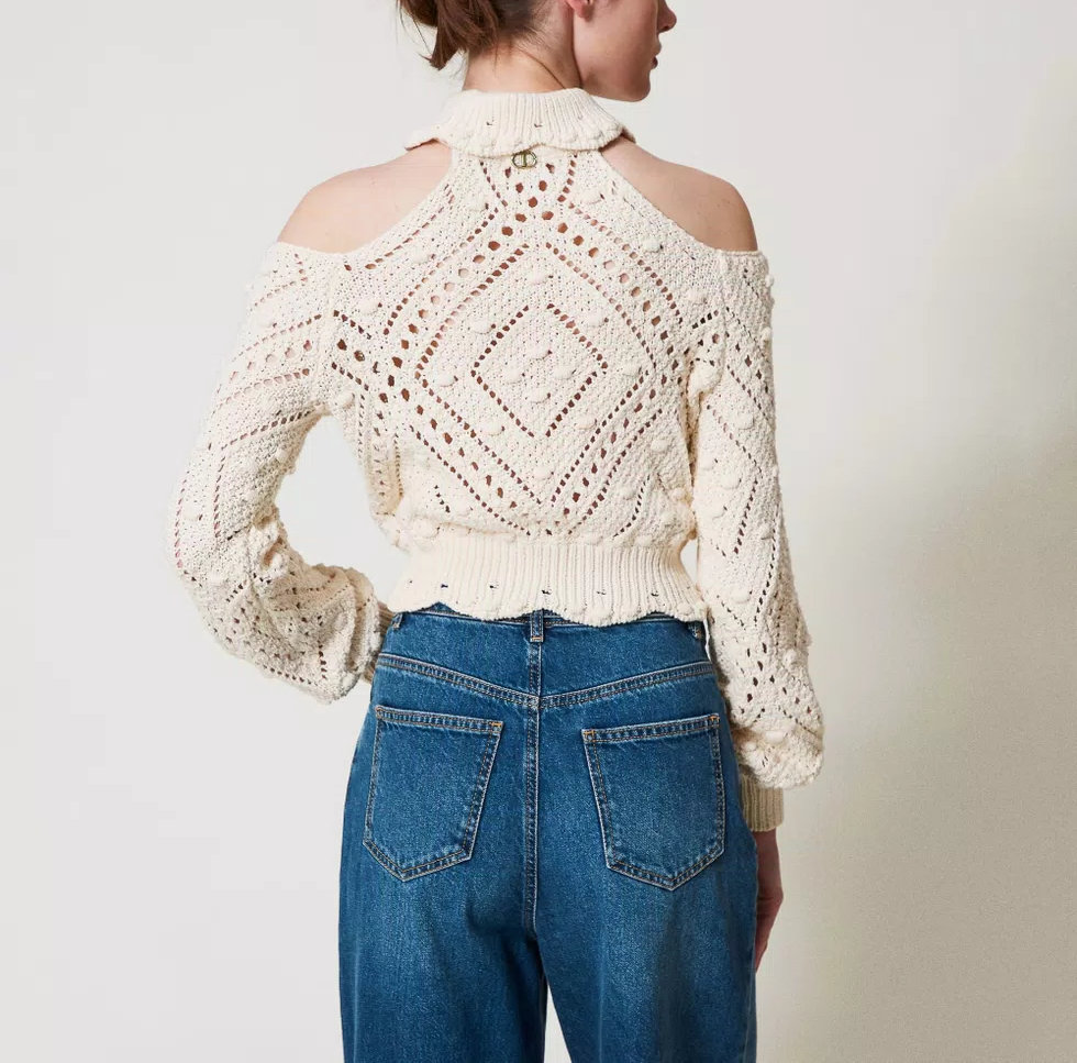 Openwork Cropped Turtleneck Jumper