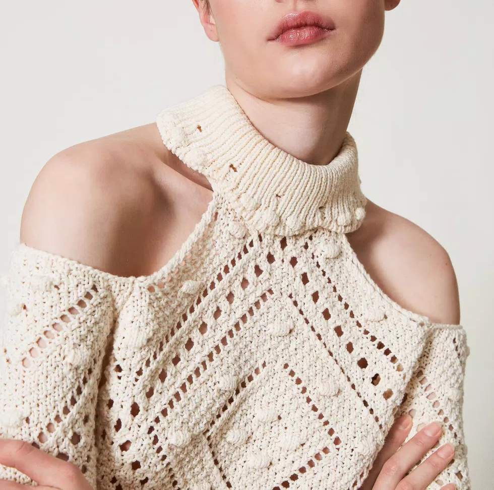 Openwork Cropped Turtleneck Jumper