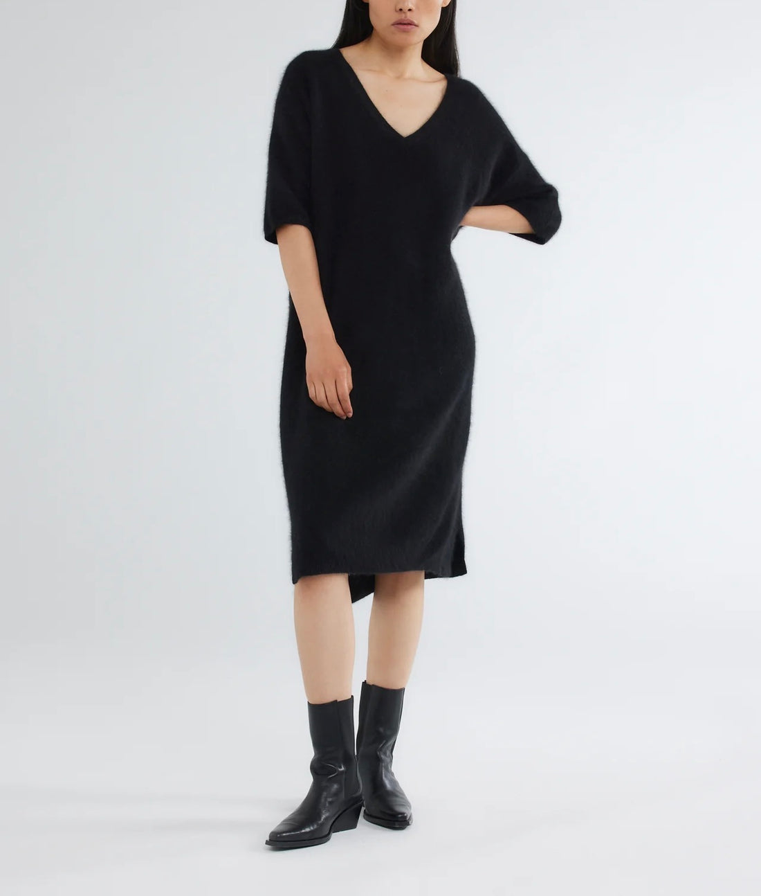 Ultra Soft Laser Cut Elbow Sleeve V-Neck Dress