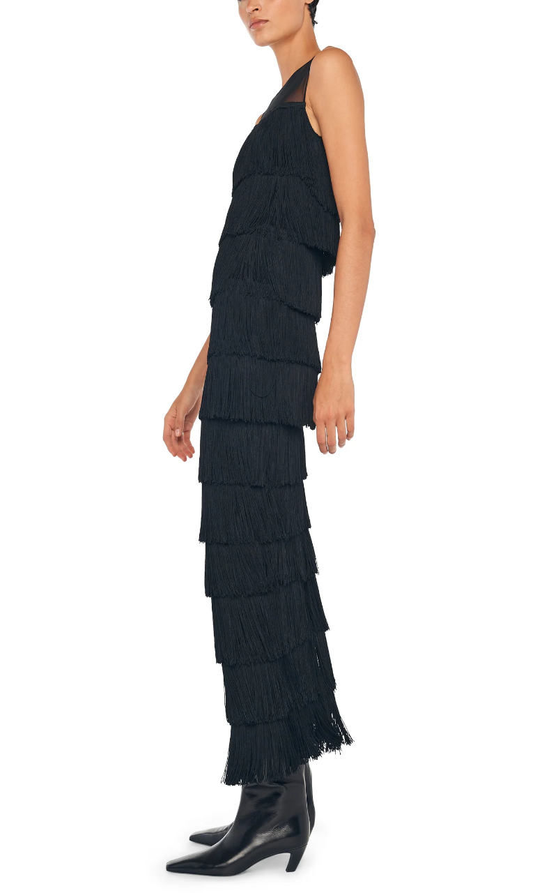 Sleeveless All Over Fringe Long W Back Slit Dress