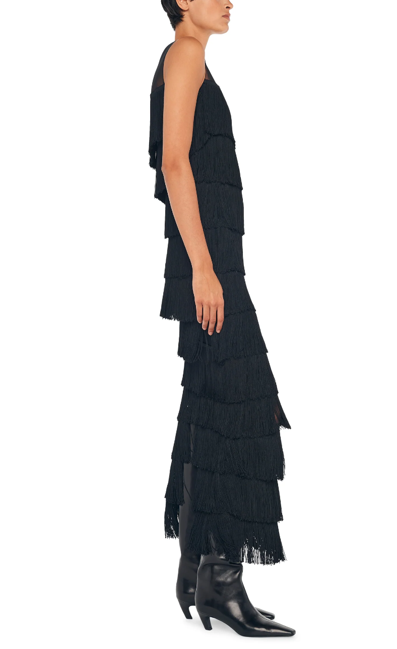 Sleeveless All Over Fringe Long W Back Slit Dress