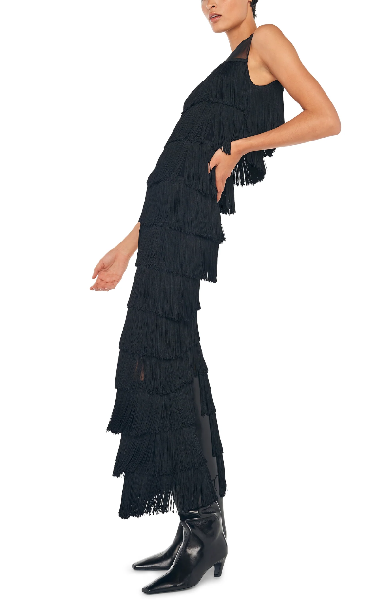 Sleeveless All Over Fringe Long W Back Slit Dress