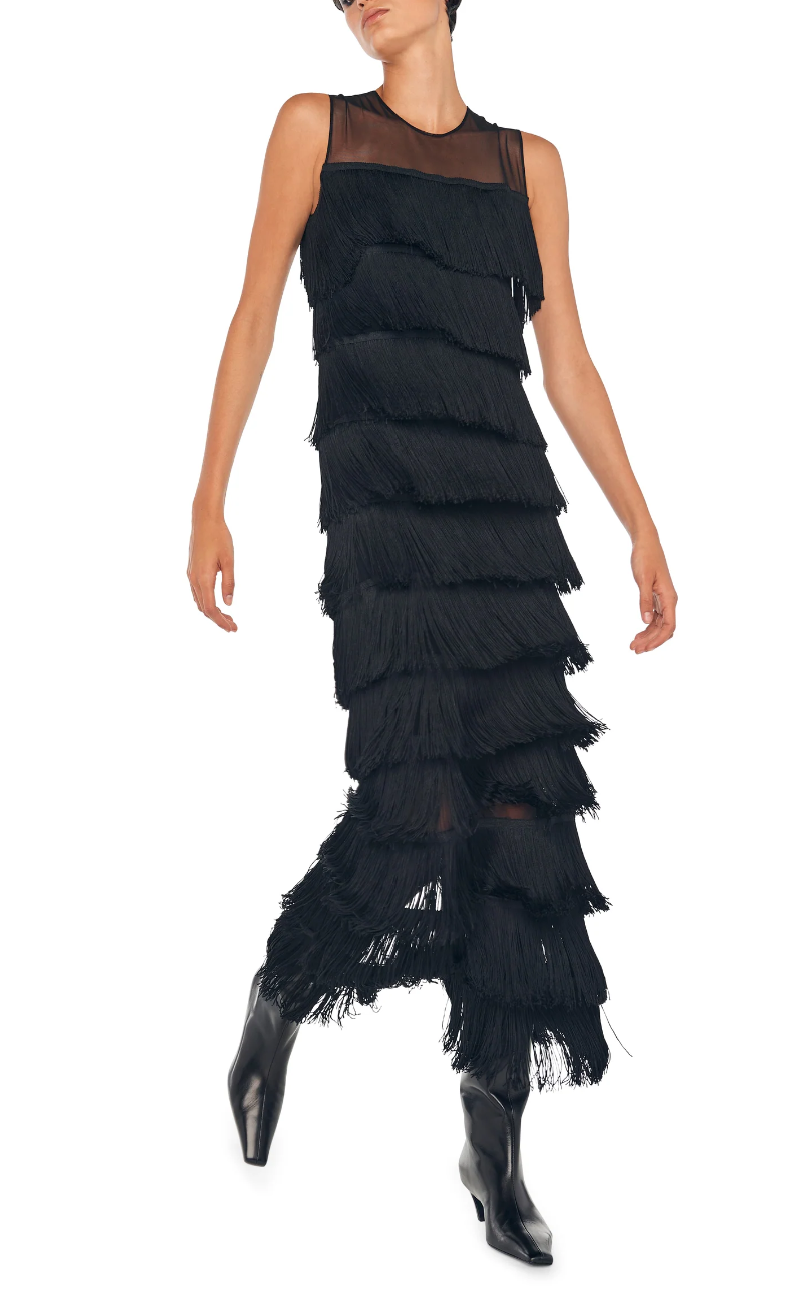 Sleeveless All Over Fringe Long W Back Slit Dress