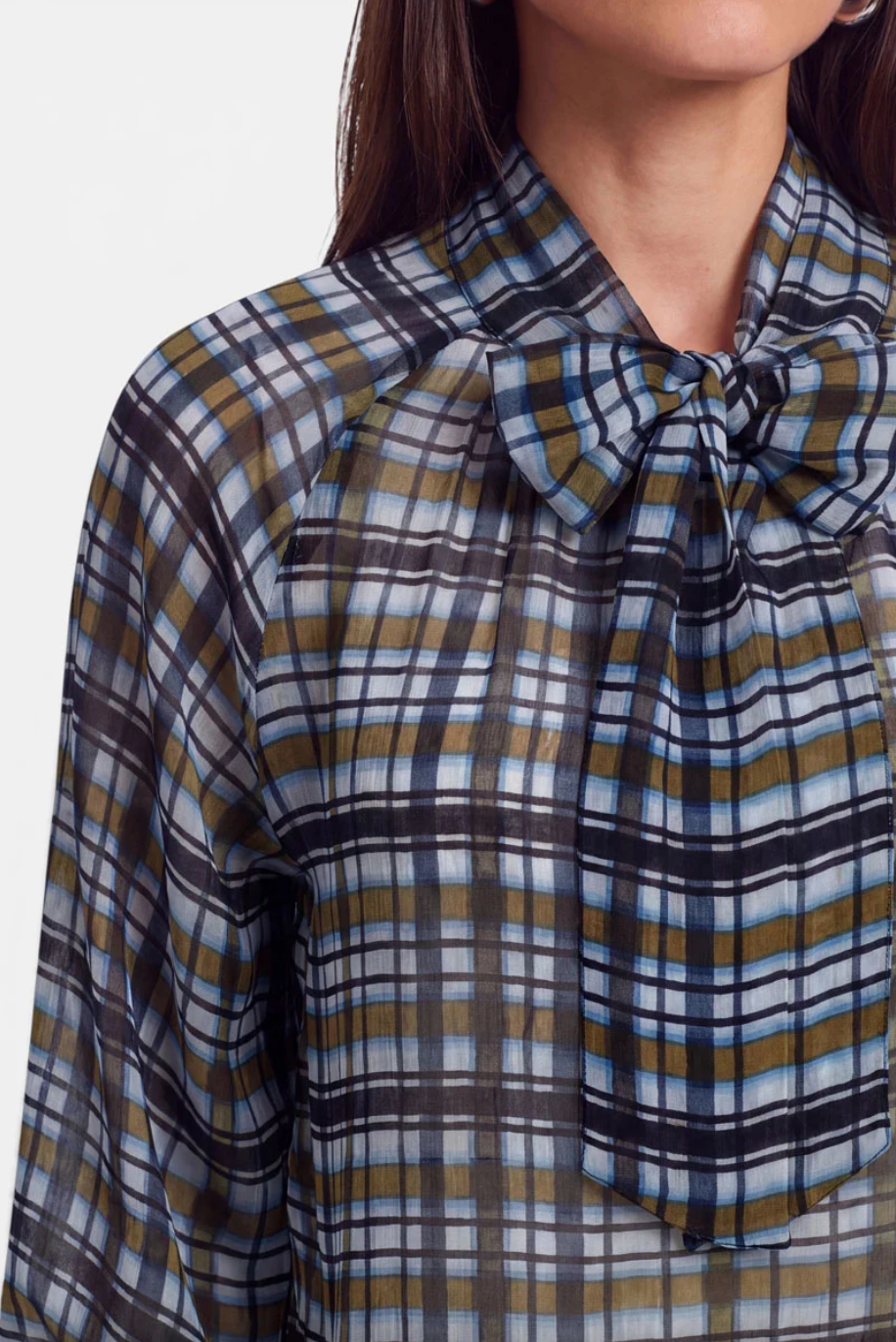Olive Check Tie Blouse