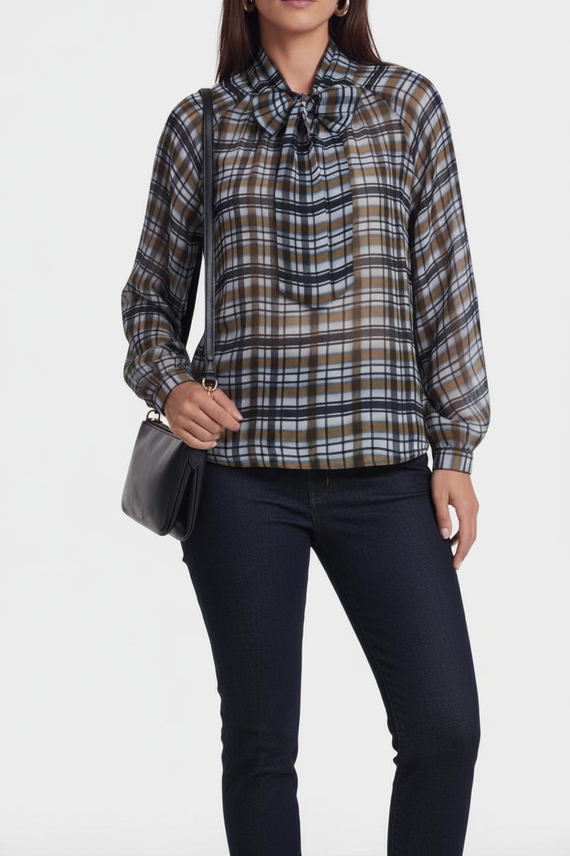 Olive Check Tie Blouse
