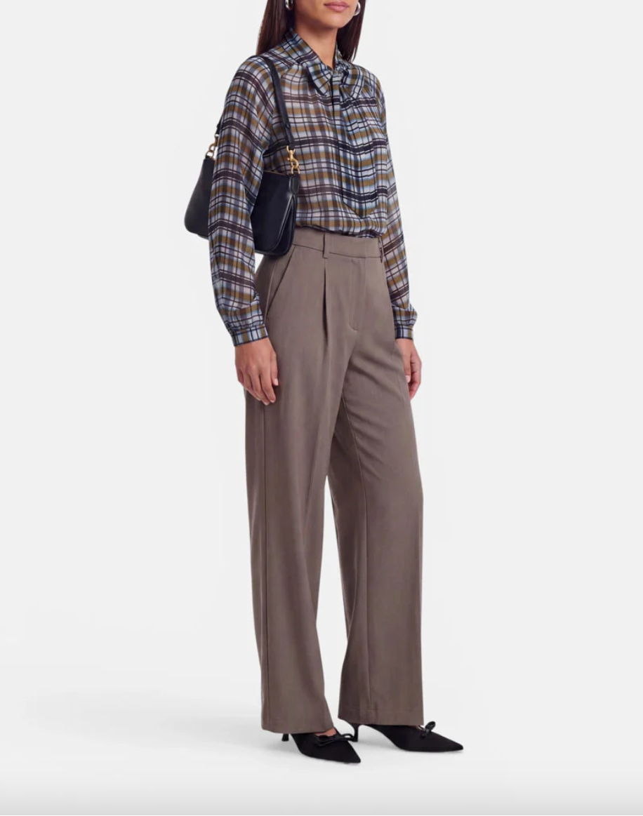 Olive Check Tie Blouse