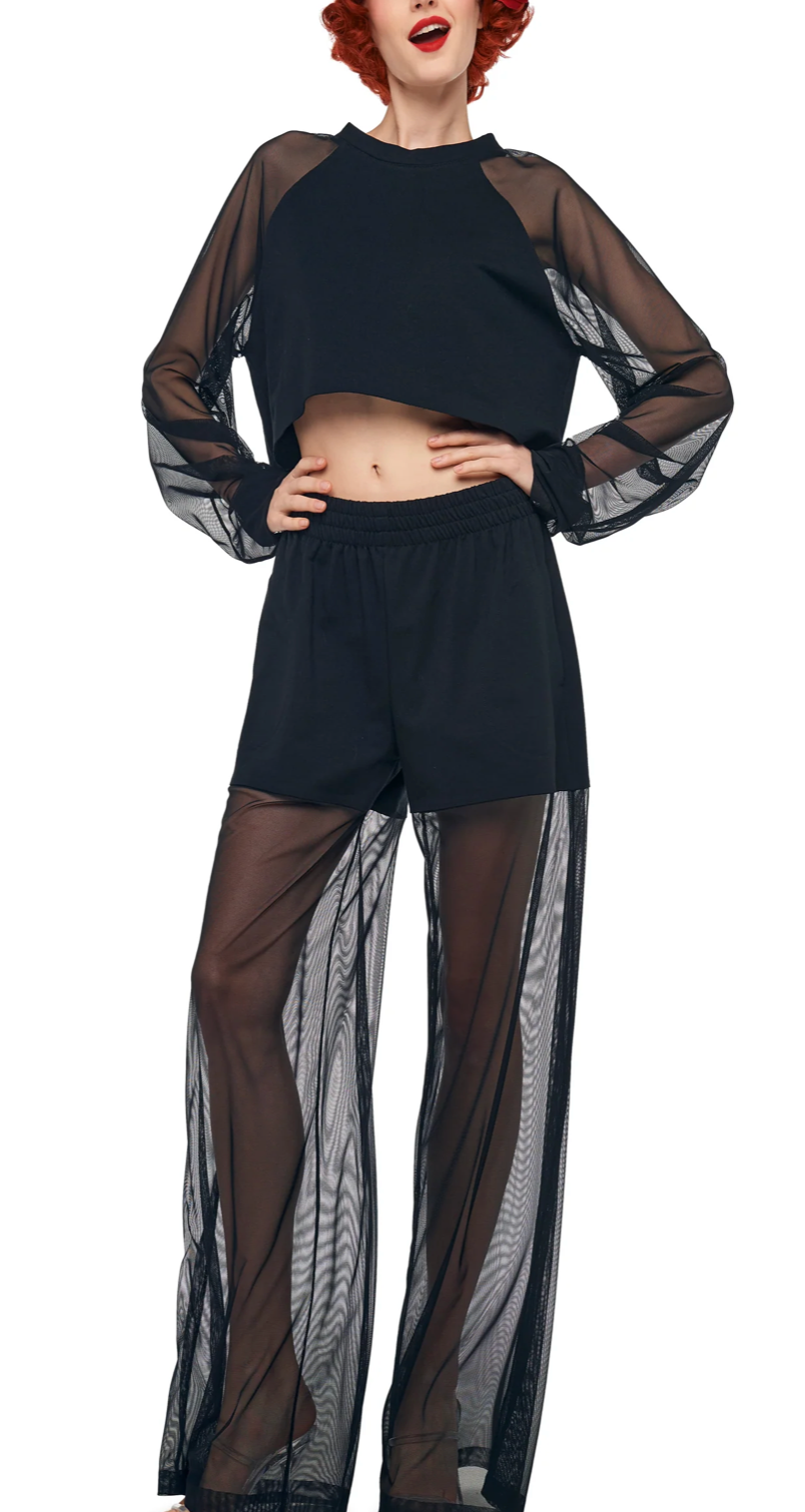 Oversized Cropped Mesh Sleeve Top