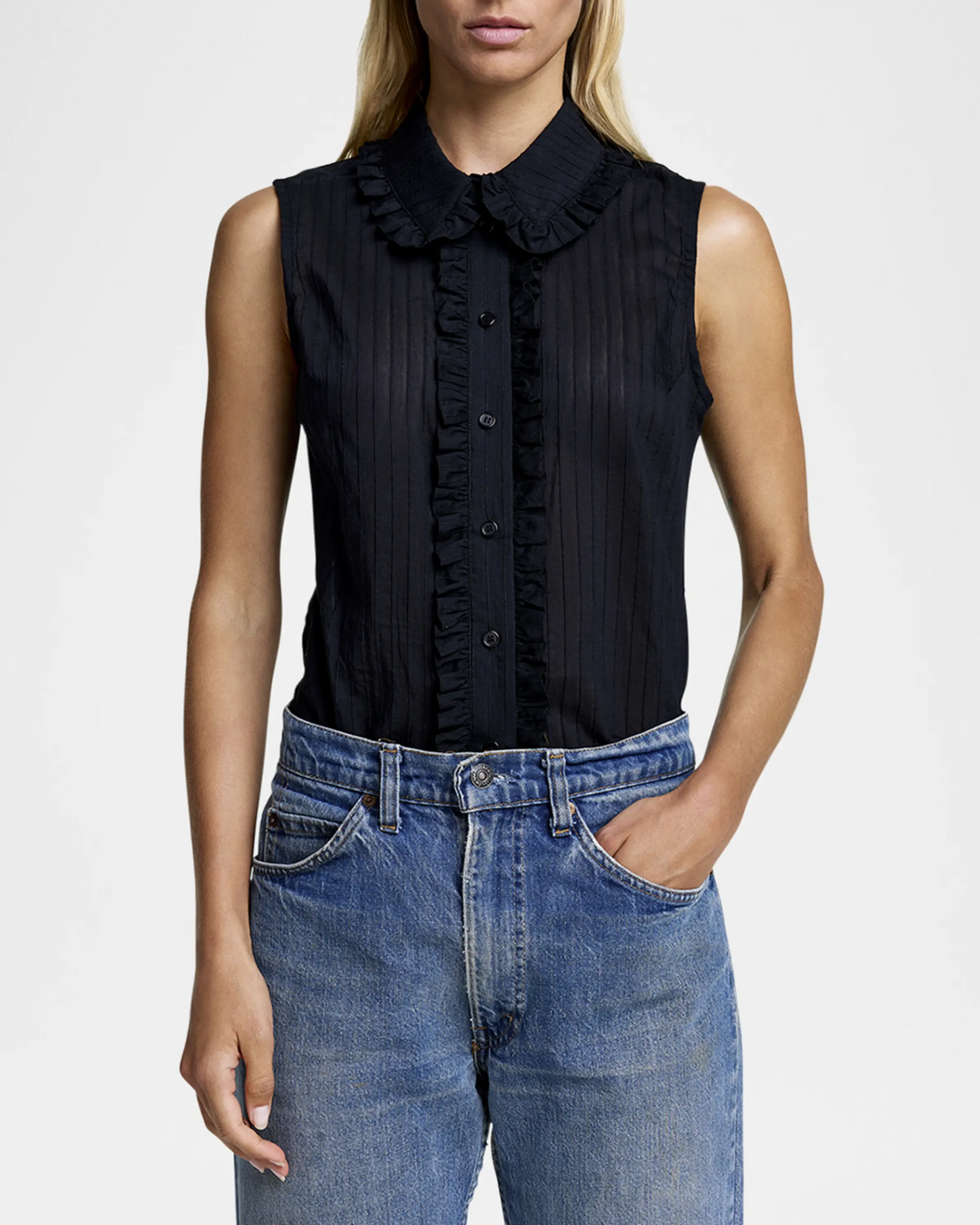 Sleeveless Ruffle Trim Shirt