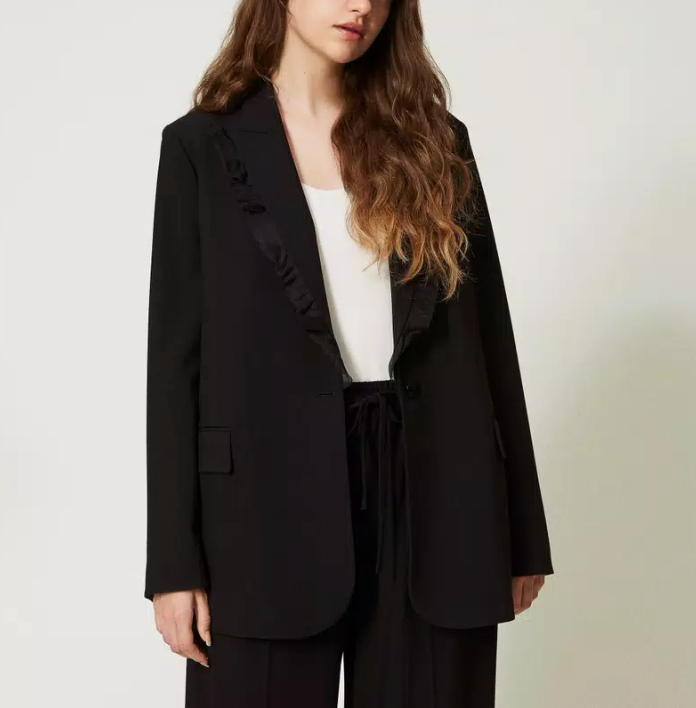Woven Ruffle Lapel Oversized Blazer
