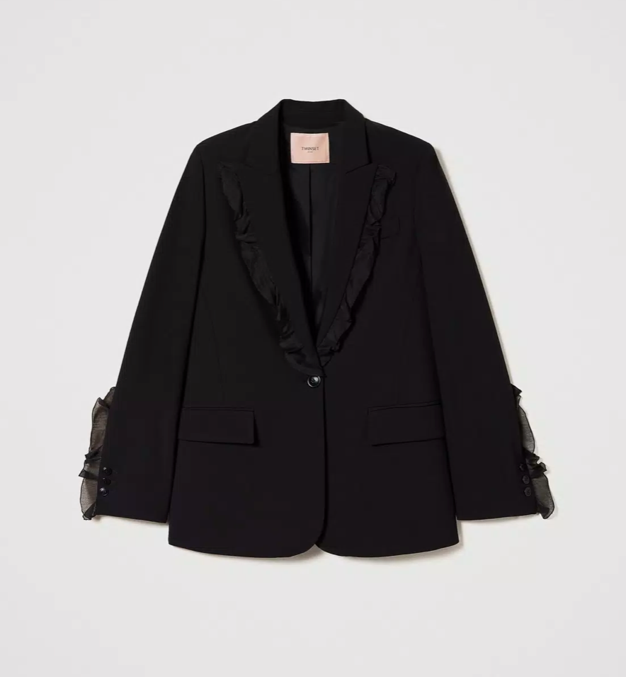 Woven Ruffle Lapel Oversized Blazer