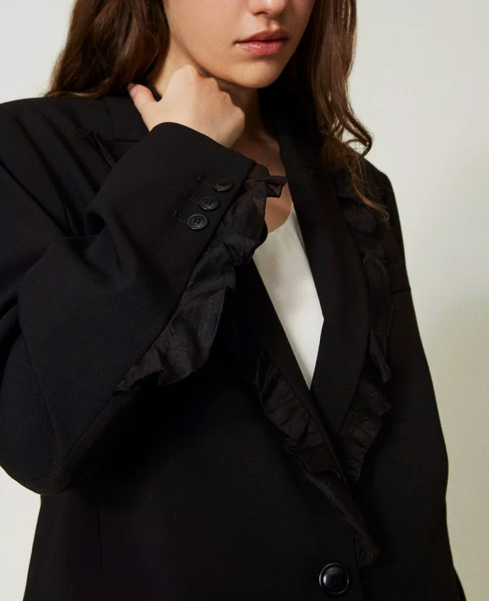 Woven Ruffle Lapel Oversized Blazer